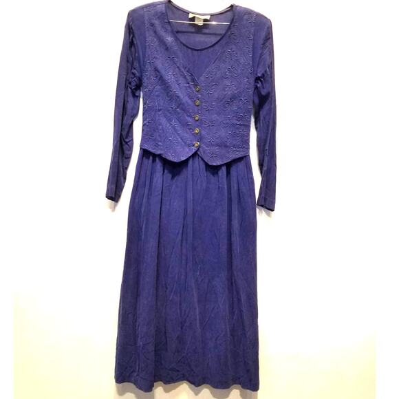 Vintage 90s Blue Tie Back Dress Country Western Rodeo Silk Tencel Womens Size 10 - Picture 1 of 6